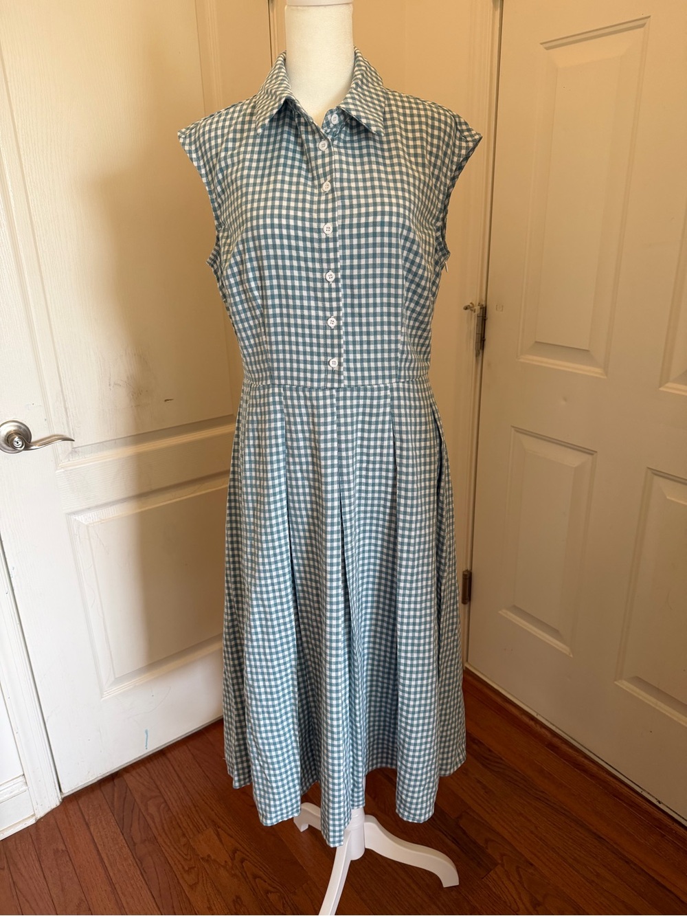NWT RIHOAS Sleeveless Teal/White Gingham Collared Shirt Dress Size M
